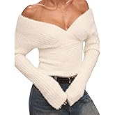 Verdusa Women's Off The Shoulder Wrap Sweater Fuzzy Elegant Cozy Knit Pullover Tops Winter Clothing