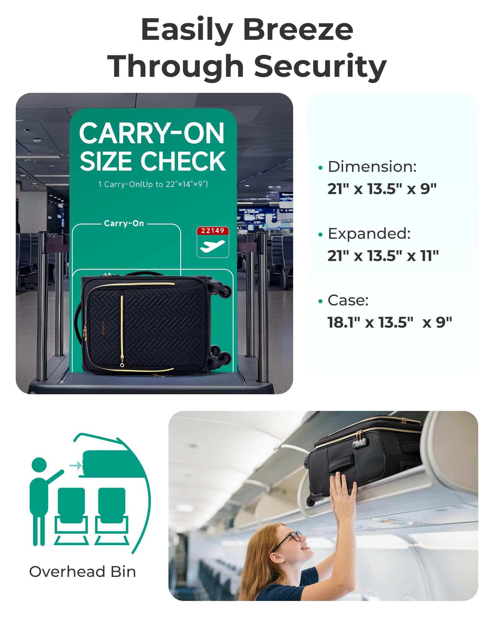 BAGSMART Carry On Luggage 20 Inch,Softside Expandable Suitcase with Spinner Wheels, Luggage 22x14x9 Airline Approved Rolling Lightweight Suitcases for Women Men, Compact Carry-On (Black)
