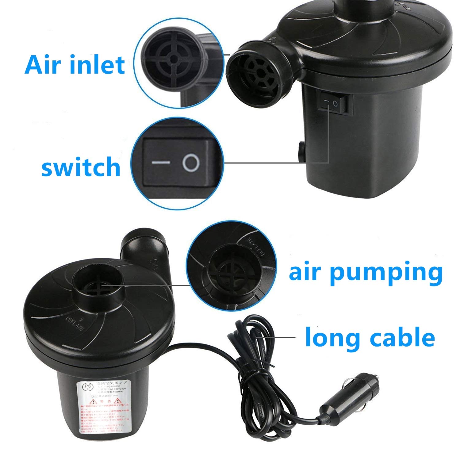 Concise house Electric Air Pump Two-way Air Pump with 3 Nozzles, 100-240V AC/12V DC 2 in 1 Portable Air Mattress Pump Universal Inflator Electric Pump for Inflatables Airbed Mattress Pump