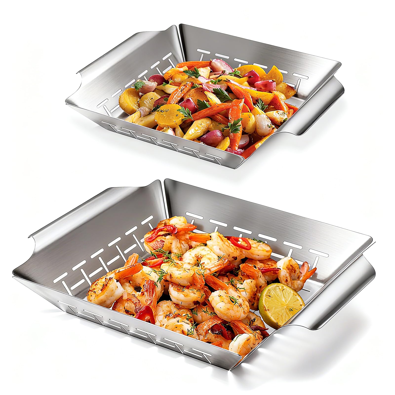 Photo 1 of 2 Pack Vegetables Grill Baskets for Veggies,Grill Basket for Outdoor Grill,Stainless Steel Grill Basket,Grilling Accessories for & Smokers