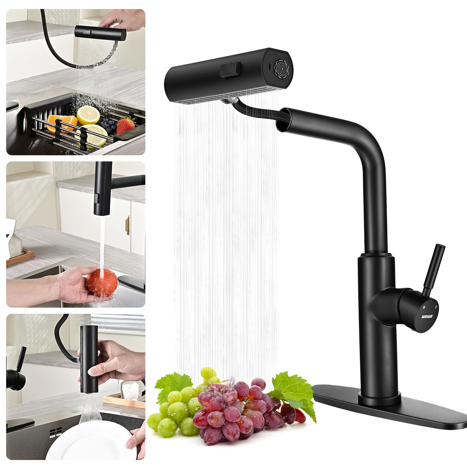 WEWE Waterfall Kitchen Faucet with Pull Down Sprayer, Black Kitchen Faucet with 3 Modes(Sweep/Stream/Waterfall) Swivel Switch Mode,Single Handle Kitchen Sink Faucet Image