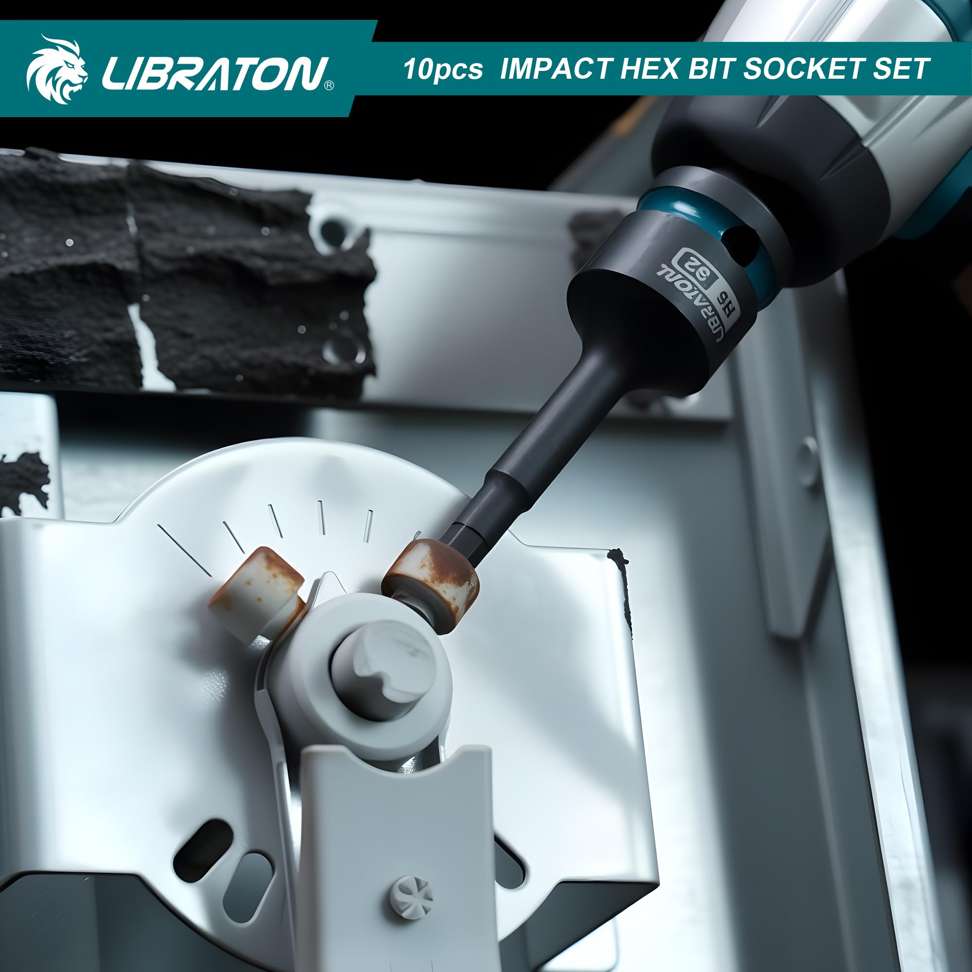 LIBRATON Schlag Hex Bit Steckschlüssel Set, 1/2” Kraft, S2-Stahl, 10-tlg Schlag-Sechskant-Bit-Steckschlüsselsatz H5-H19, Hex-Steckschlüssel, XPE-Aufbewahrung, Autoreparatur 9