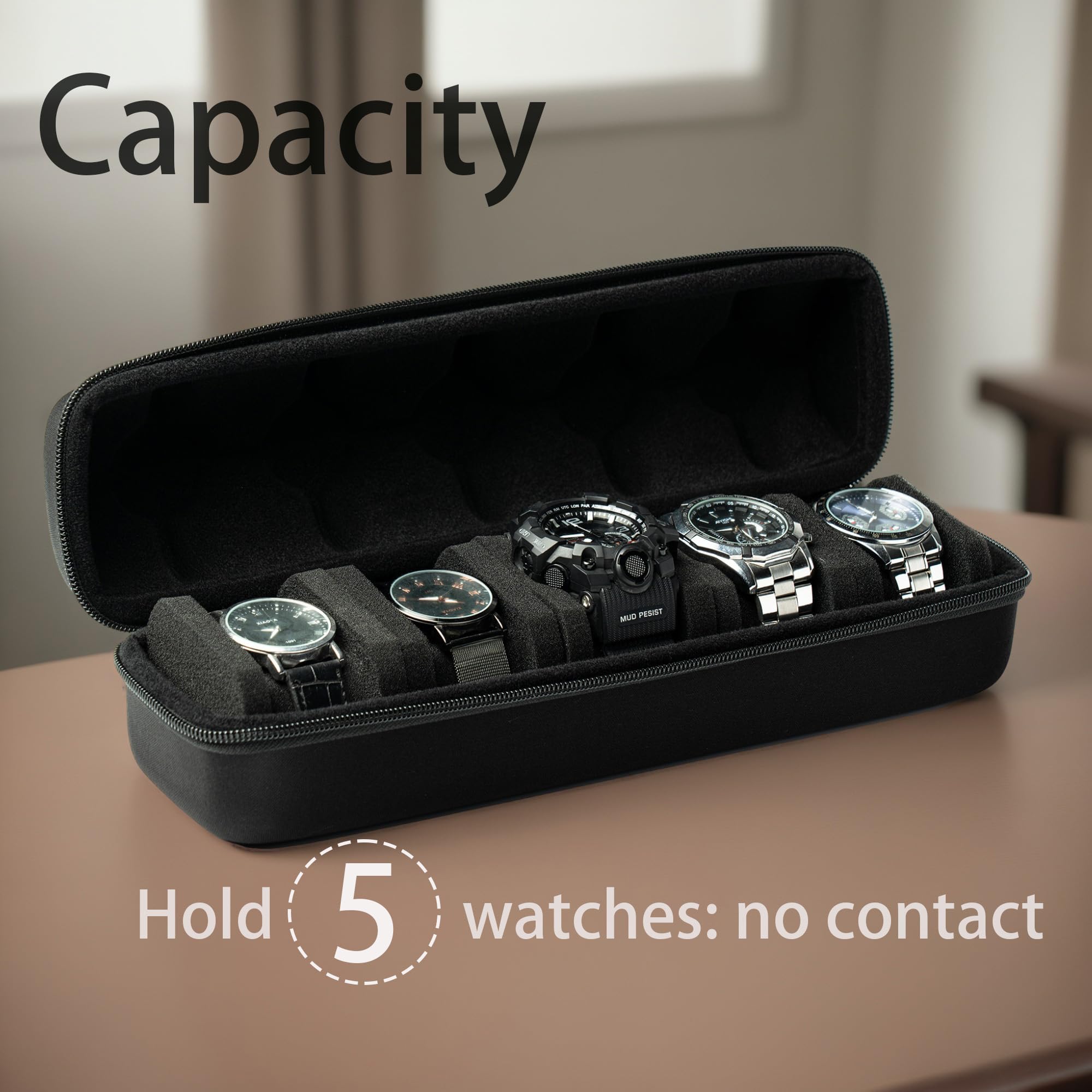 HOMPE Watch travel case,5 Slot Hard watch roll organizer, Fits All Wrist Watches&Smart Watches Up to 58mm (Black 5slot)