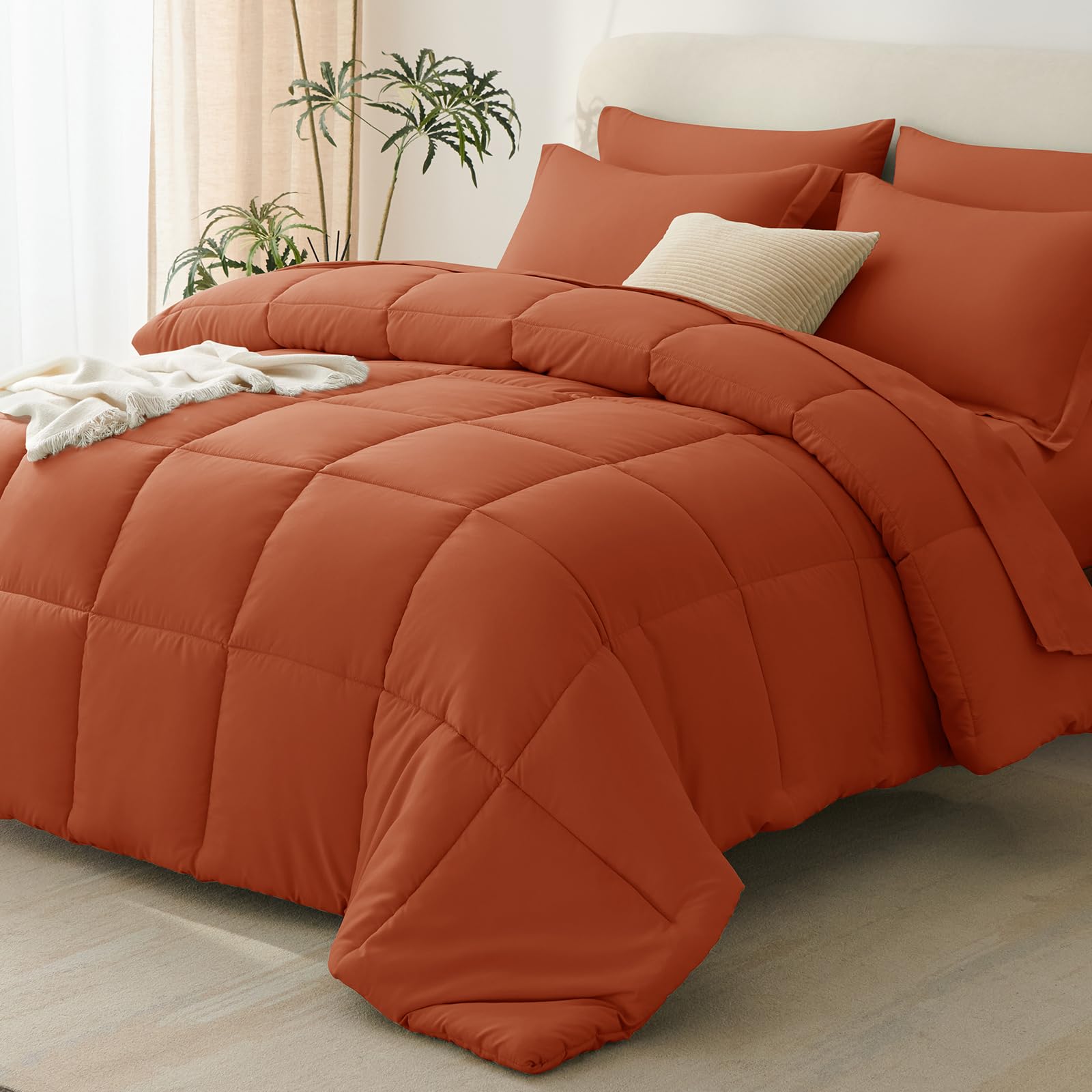CozyLux Queen Comforter Set Terracotta - 7 Pieces Bed in a Bag Queen, All Season Breathable Bedding Sets, Oeko-Tex Certified Bed Set with Down Alternative Comforter, Sheets, Pillowcases & Pillow shams Image