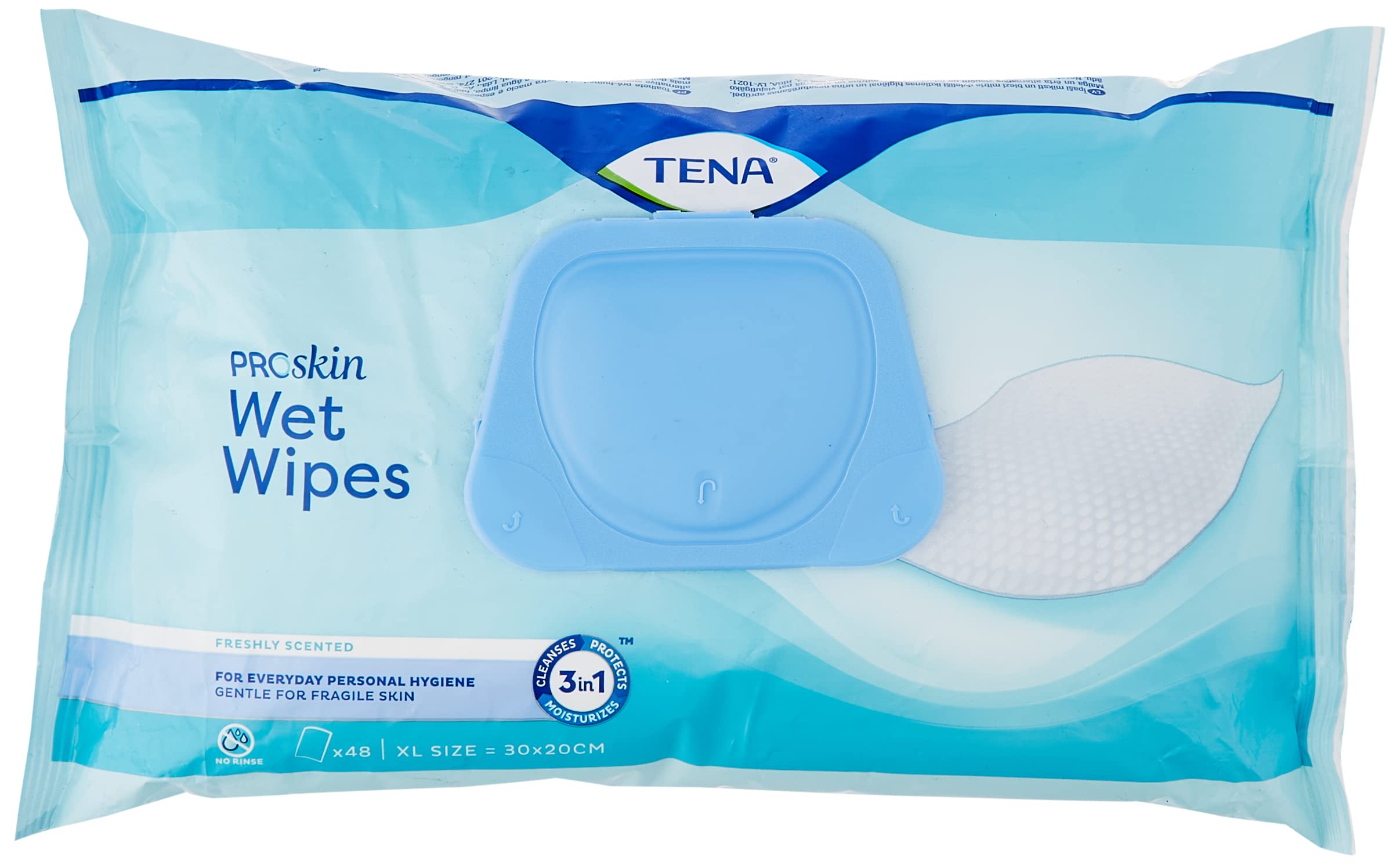 Tena Wet Wipes with Plastic Lid, XL Size: 30 x 20 cm, 48 Wipes (Pack of 1)
