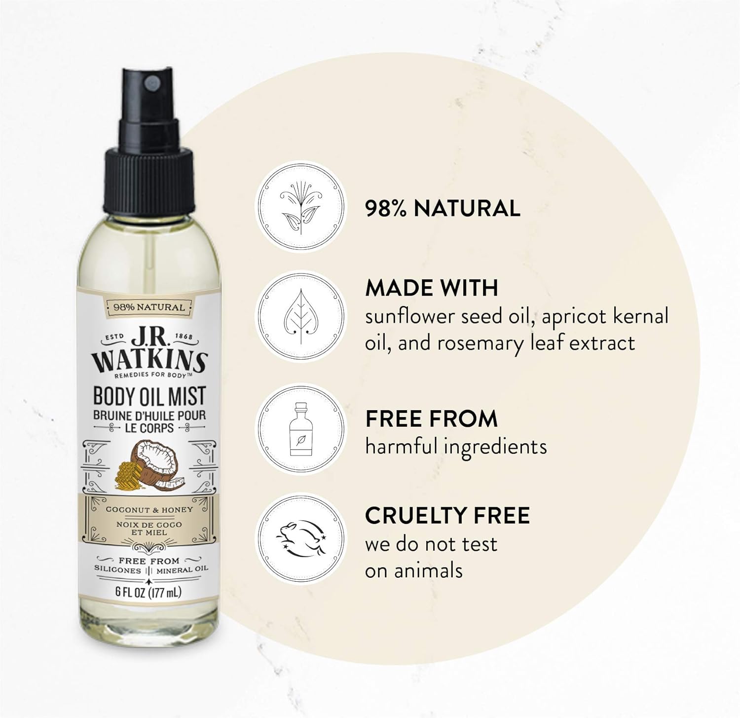 JR Watkins Natural Hydrating Body Oil Mist, Coconut Milk & Honey, Moisturizing Body Oil Spray for Glowing Skin, USA Made and Cruelty Free, 6 fl oz : Body Oil Spray : Beauty