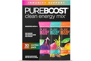 Pureboost Immune Clean Energy Booster, Refreshing Energy Drink Mix and Immunity Supplement with Elderberry, 1,200 mg Vitamin C, Vitamins A + D, and Zinc. Sugar-Free (Combo Pack, 30 Count)
