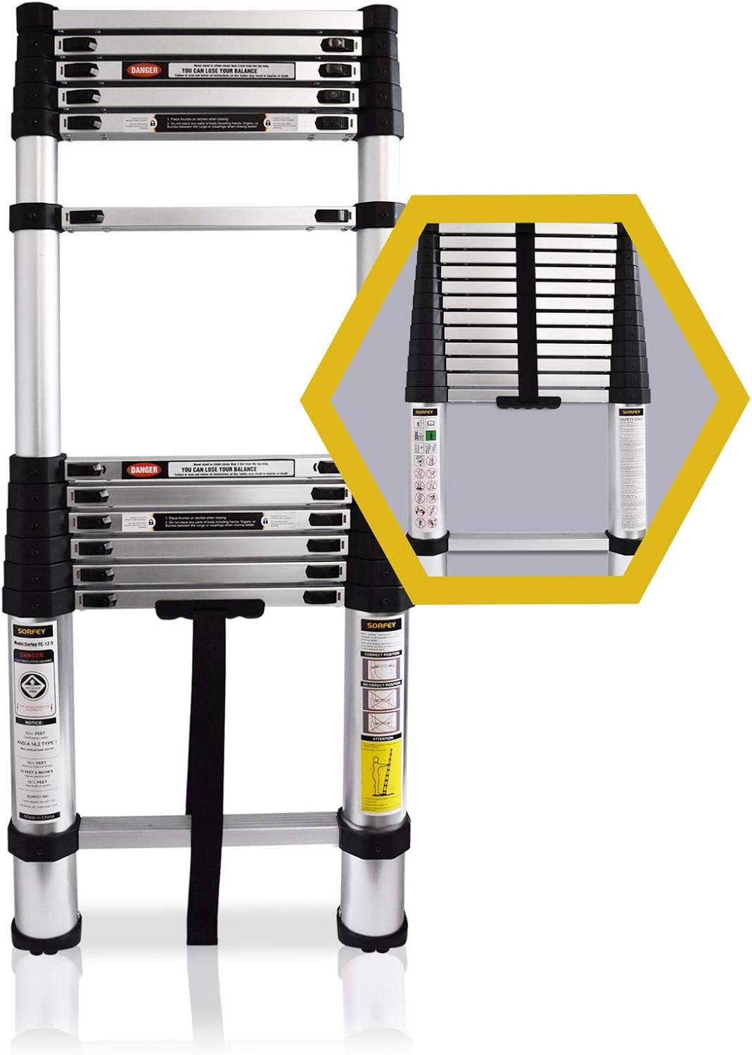 Sorfey Premium 12.5 ft Aluminum Telescopic Lightweight Multipurpose Extendable Ladder with 1 Button Spring Loaded Safety Locking Mechanism, Great for Hobbies, DIY Projects – 330 Pound Capacity - - 