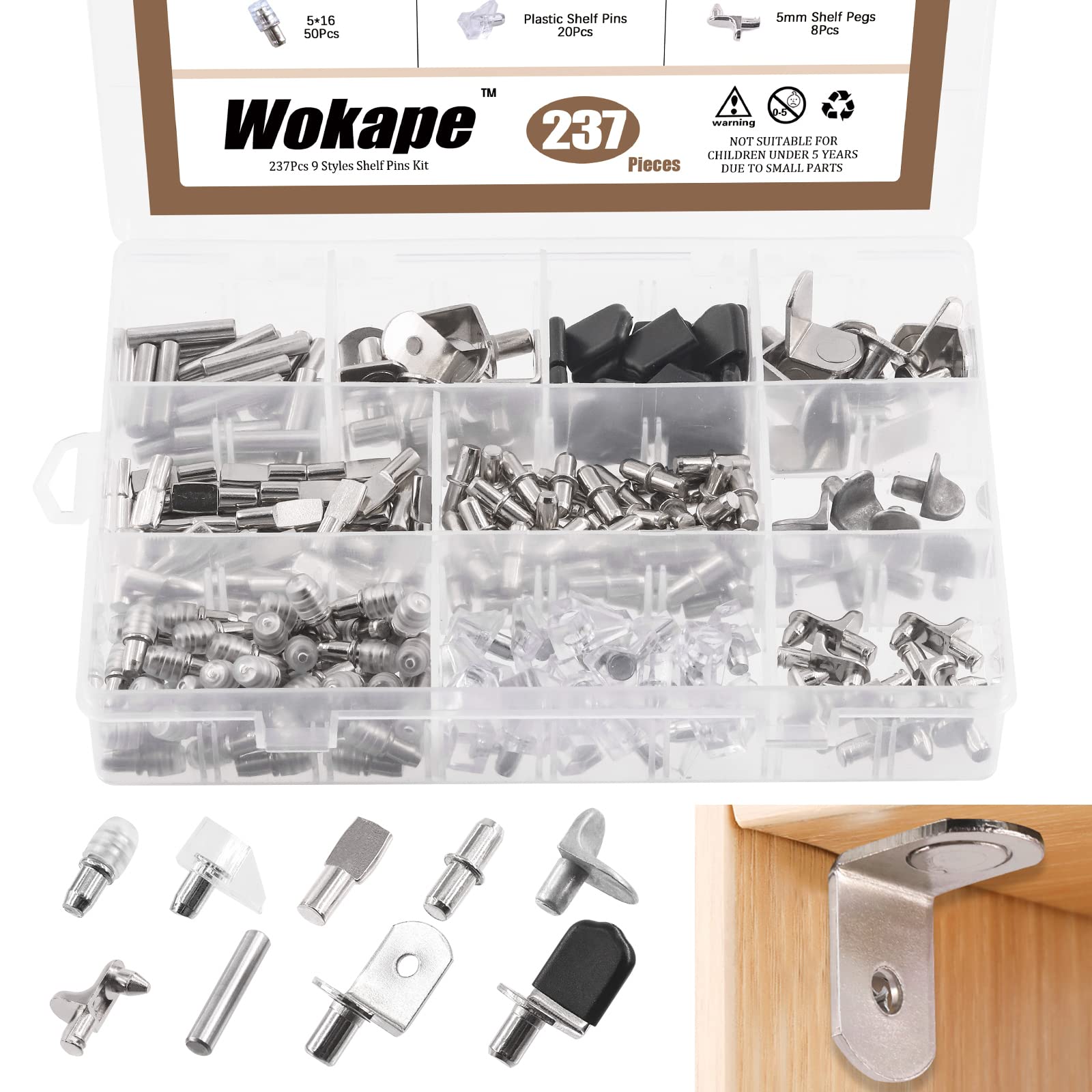 Wokape 237Pcs 9 Styles Nickel Plated and Metal Shelf Pins Kit with Black Rubber Sleeves, Shelf Pins Sets Bracket Pegs Cabinet Furniture Shelf Pins Support Assortment for Shelf Holes, Bookshelf