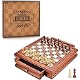 AMEROUS 12.8'' Magnetic Wooden Chess Set / 2 Built-in Storage Drawers / 2 Extra Queen/Gift Package/Chess Rules/Classics Strategy Board Games Chess Sets for Kids and Adults