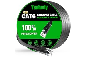 Yauhody CAT 6 Ethernet Cable 50ft Black, High Speed Solid Flat CAT6 Gigabit Internet Network LAN Patch Cords with Cable Clips