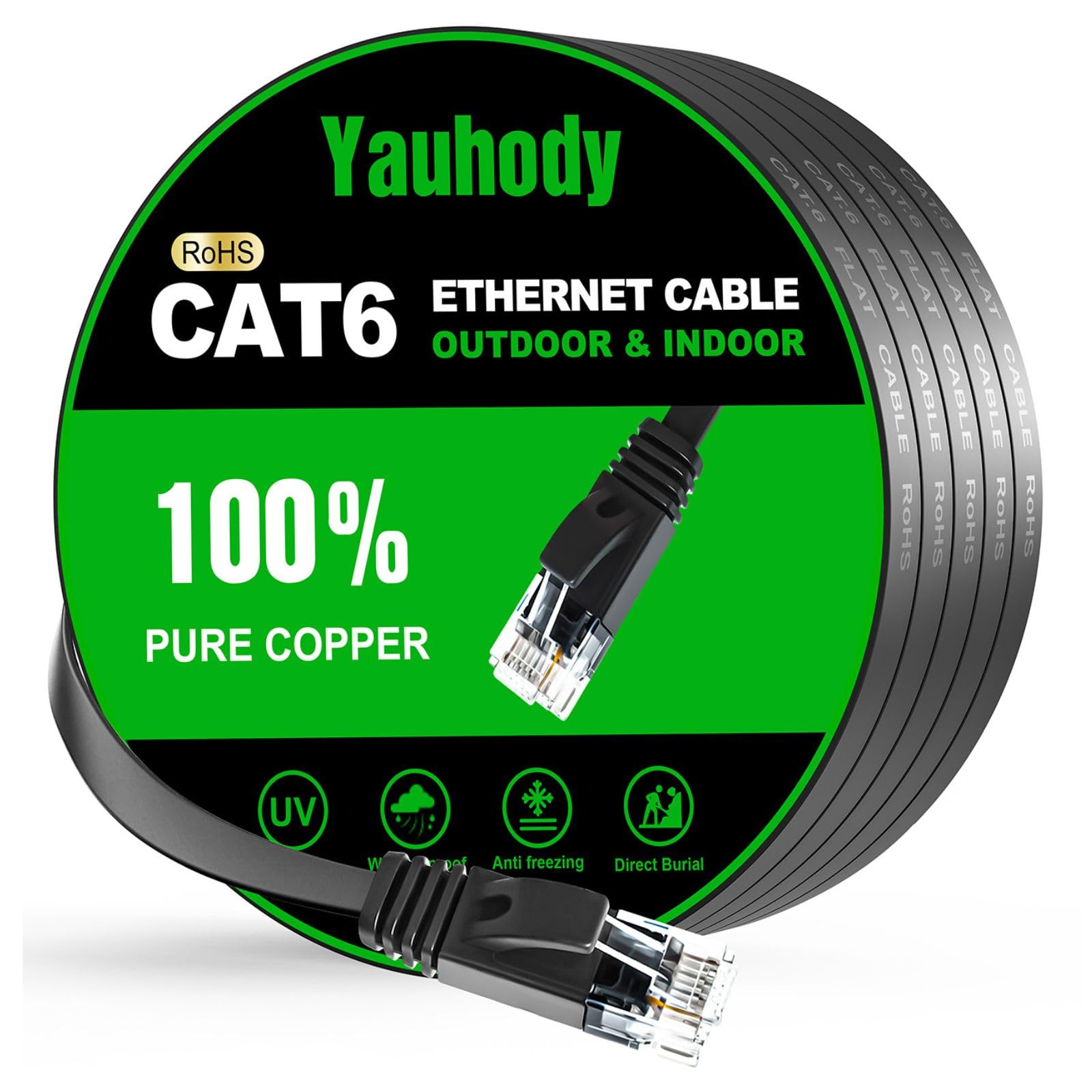 Yauhody CAT 6 Ethernet Cable 10m, Pure Copper High Speed Solid Flat CAT6 Gigabit Internet Network LAN Patch Leads,Snagless RJ45 Connector for Modem, Router, PC (10m, Black)