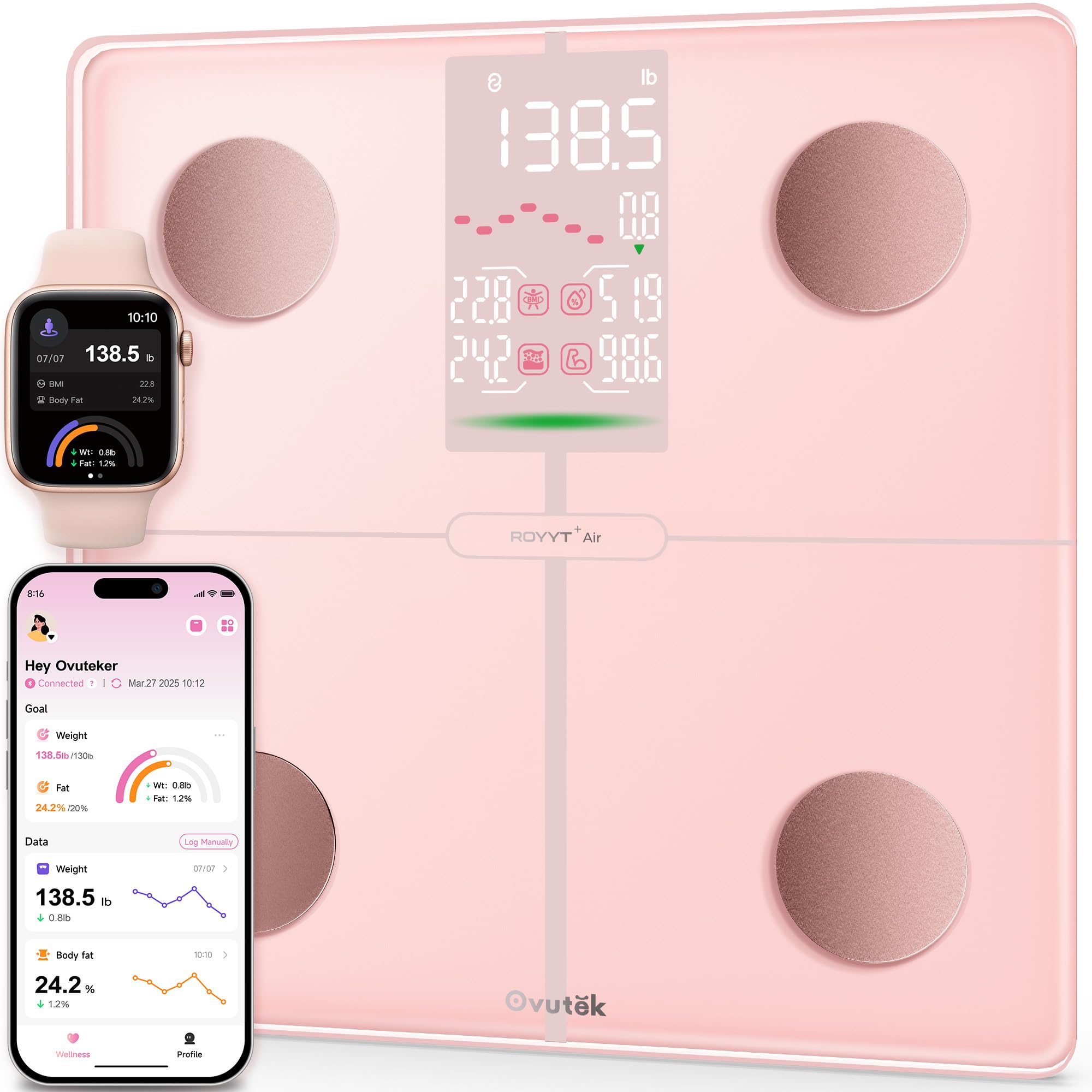 Ovutek Smart Scale for Body Weight, Professional Bathroom Digital Weighing Scale with BMI, Body Fat, Muscle Mass, Accurate Bluetooth Home User Health Equipment Sync Apps - Pink Image