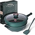TIBORANG 8 in 1 Multipurpose 11 Inch 5 Quart Heat Indicator Nonstick Deep Frying Pan with Glass Lid,Stay-cool Handle,Steamed Grid,PFOA-Free,Dishwasher&Oven Safe,Works with All Stovetops(Green)