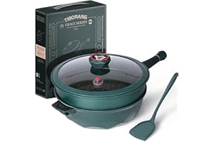 TIBORANG 8 in 1 Multipurpose 11 Inch 5 Quart Heat Indicator Nonstick Deep Frying Pan with Glass Lid,Steamed Grid,PFOA-Free,Di