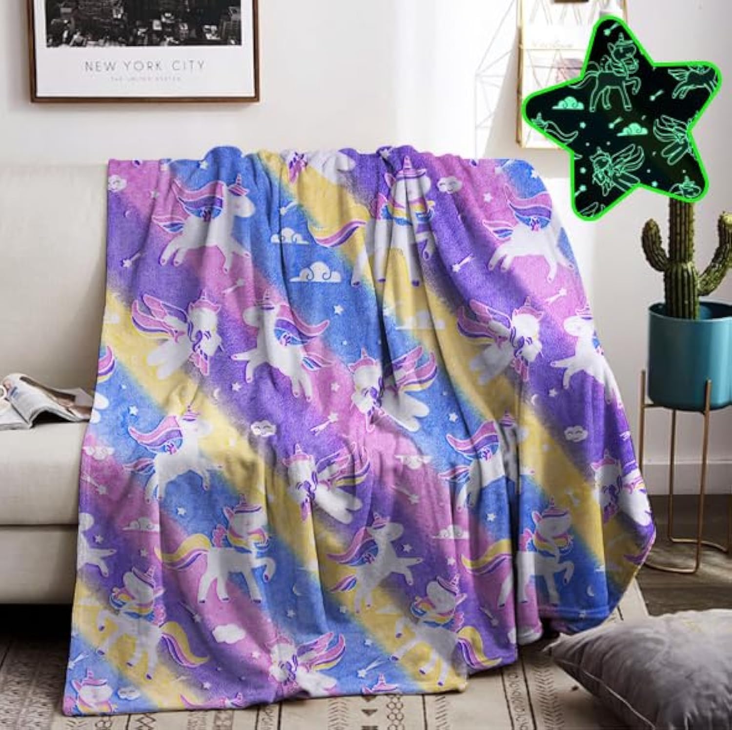 Children's Unicorn Blanket Glow in the Dark, Pink Soft Flannel Blankets for Girls Gifts, Bed Couch Sofa Fluffy Blanket (Unicorn C, 130 x 150 cm)