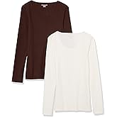 Amazon Essentials Sweater for Women, Long Sleeve Slim-Fit Rib Scoop Neck (Available in Plus Size), Pack of 2