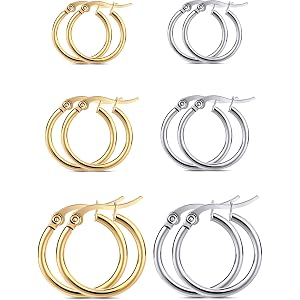 6 Pairs Gold Silver Hoop Earrings for Women, Hypoallergenic Stainless Steel | Black Plated Stainless Steel Earrings, Lightwei