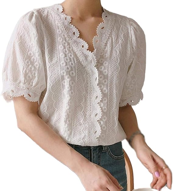 Amazon Co Jp Pump Kawayi 女性 春ベーシックシフォンブラウスシャツレディースレース無地長袖カジュアルトップス刺繍プラスサイズ 服 ファッション小物