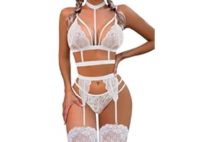 Avidlove Lace Garter Lingerie Set with Removable Choker Teddy Babydoll Strappy Bra and Panty Set (No Stockings)