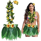 Blue Garlic Hawaiian Hula Leaf Skirt with Leis Set Hairclip Outfits for Summer Beach Party, Extra Large Size for Adult (Yellow)