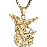 AsAlways St. Michael the Archangel Necklace for Men Stainless Steel Retro Gold Angel Exorcism Protect Amulet Pendant Necklace Jewelry Gift