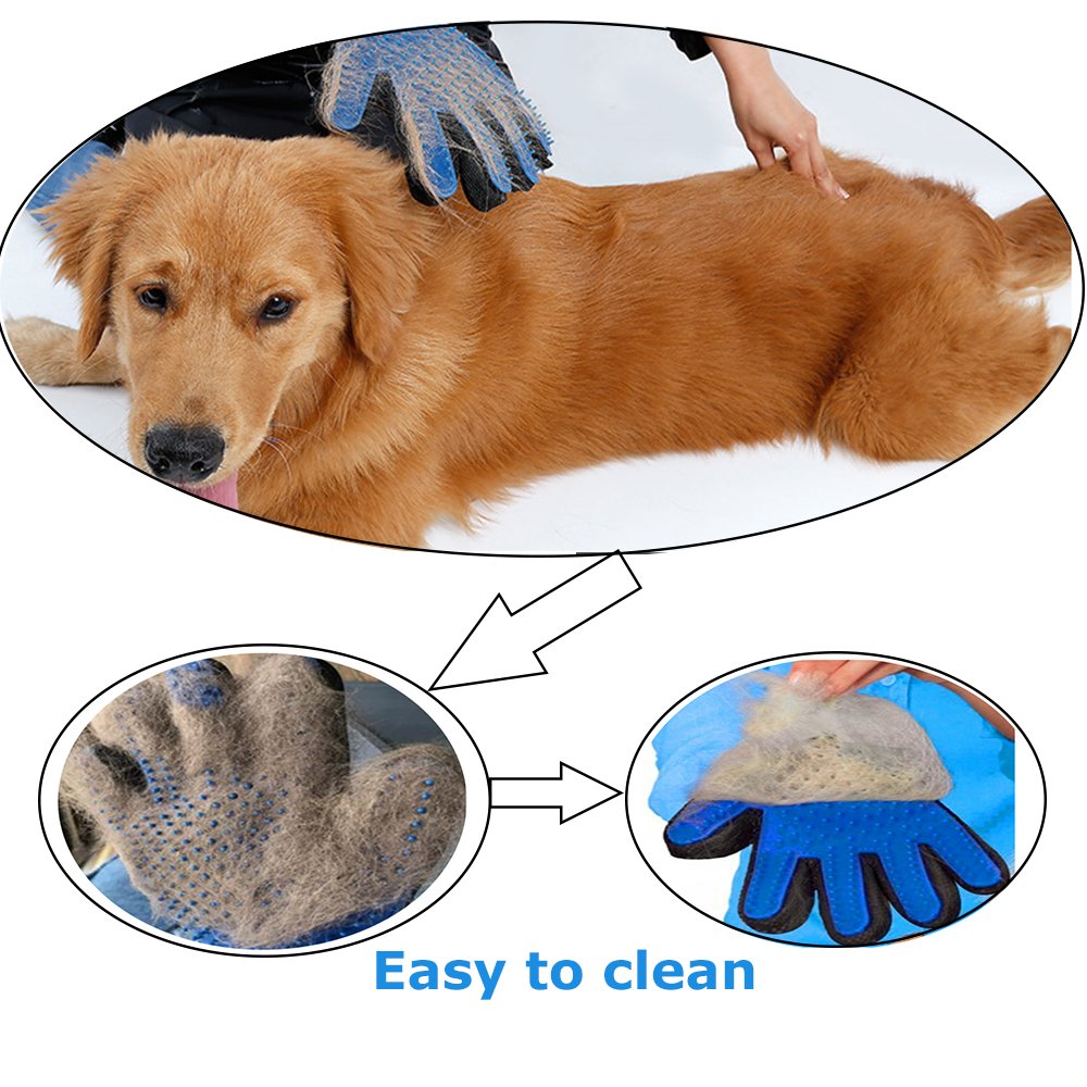 Blue Pet Glove Groomig comb Efficient Hair Remover Mitt Gentle Deshedding Brush Tool With Five Finger Design True Touuch Massage Bath gloves Perfect For Dogs and Cats with Long or Short Fur(One Pair)