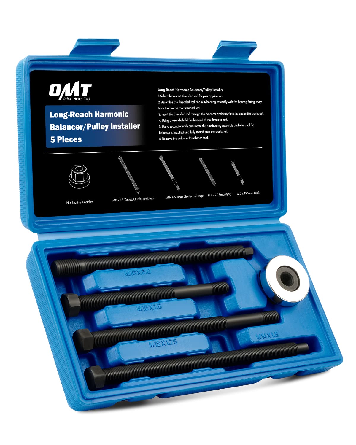 Photo 1 of Orion Motor Tech Harmonic Balancer Installer Set, 5pc Long Reach Crank Pulley Underdrive Pulley Damper Installation Tool Kit with 4 Adapters & Nut Bearing