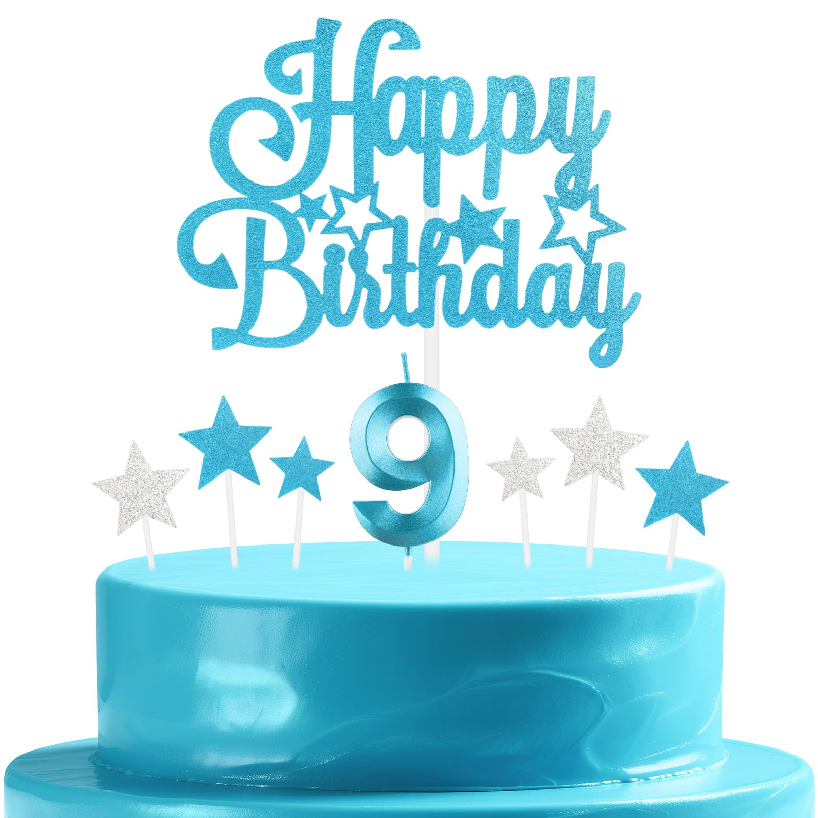 mciskin Blue Birthday Candles Set,Girl Boy 9th Birthday Decorations,Number 9 Candle for Cake,Blue Candles Cake Toppers with Star for Girls Boys Birthday Party Anniversary Decorations