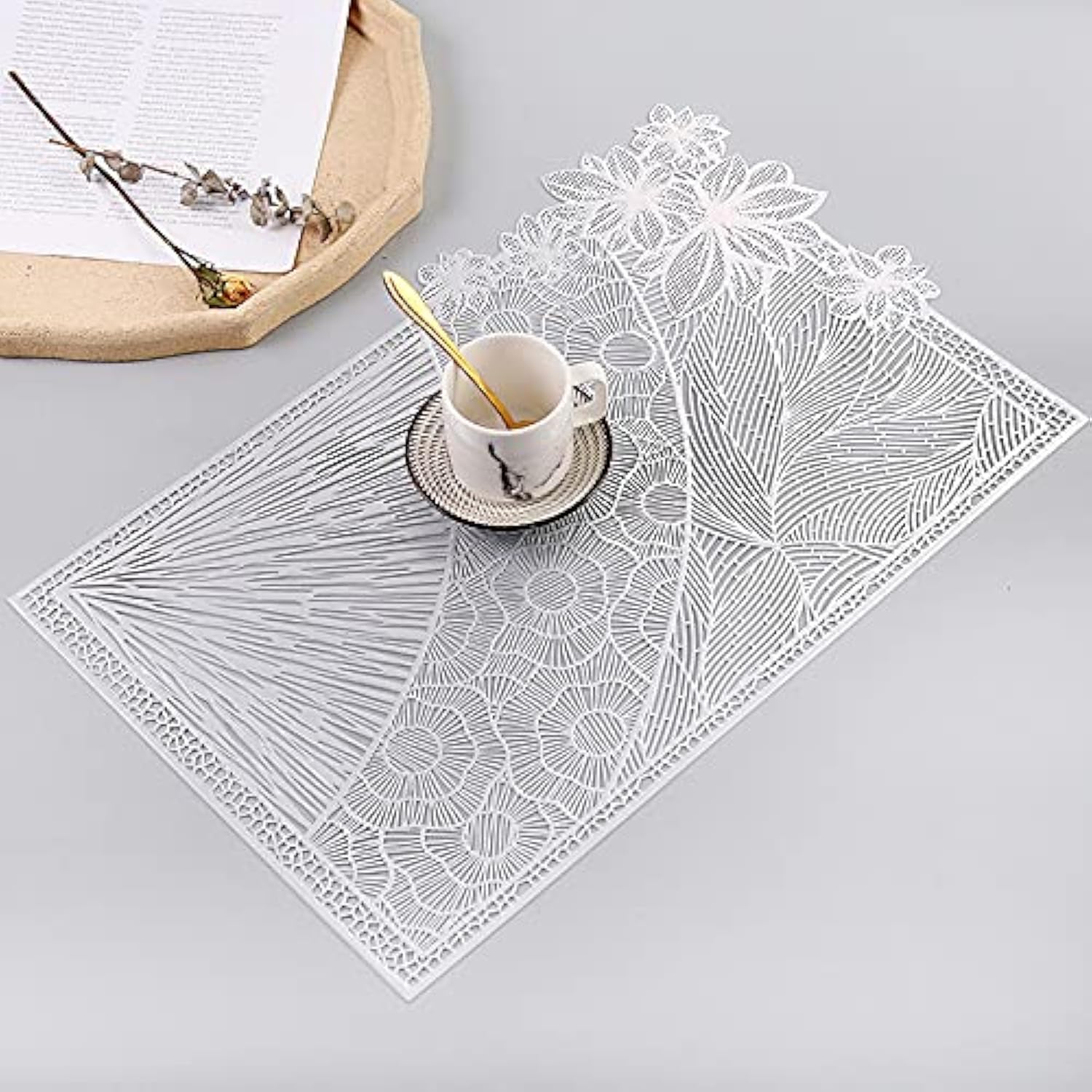 Hosoncovy 4 Pack Decorative Rectangle PVC Placemats - Hollow, Heat Resistant, Non-slip Dining Table Place Mats - Leaf & Flower Design for Home Kitchen (Silver)