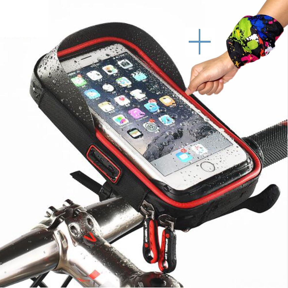 Bike Pouch Bike Handlebar Bag Waterproof Bicycle Phone Mount Holder, Bike Frame Bag/Top Tube Touch Bag with Transparent Touchable Pouch Case for Smart Phone Below 6 inch (Black-Red)