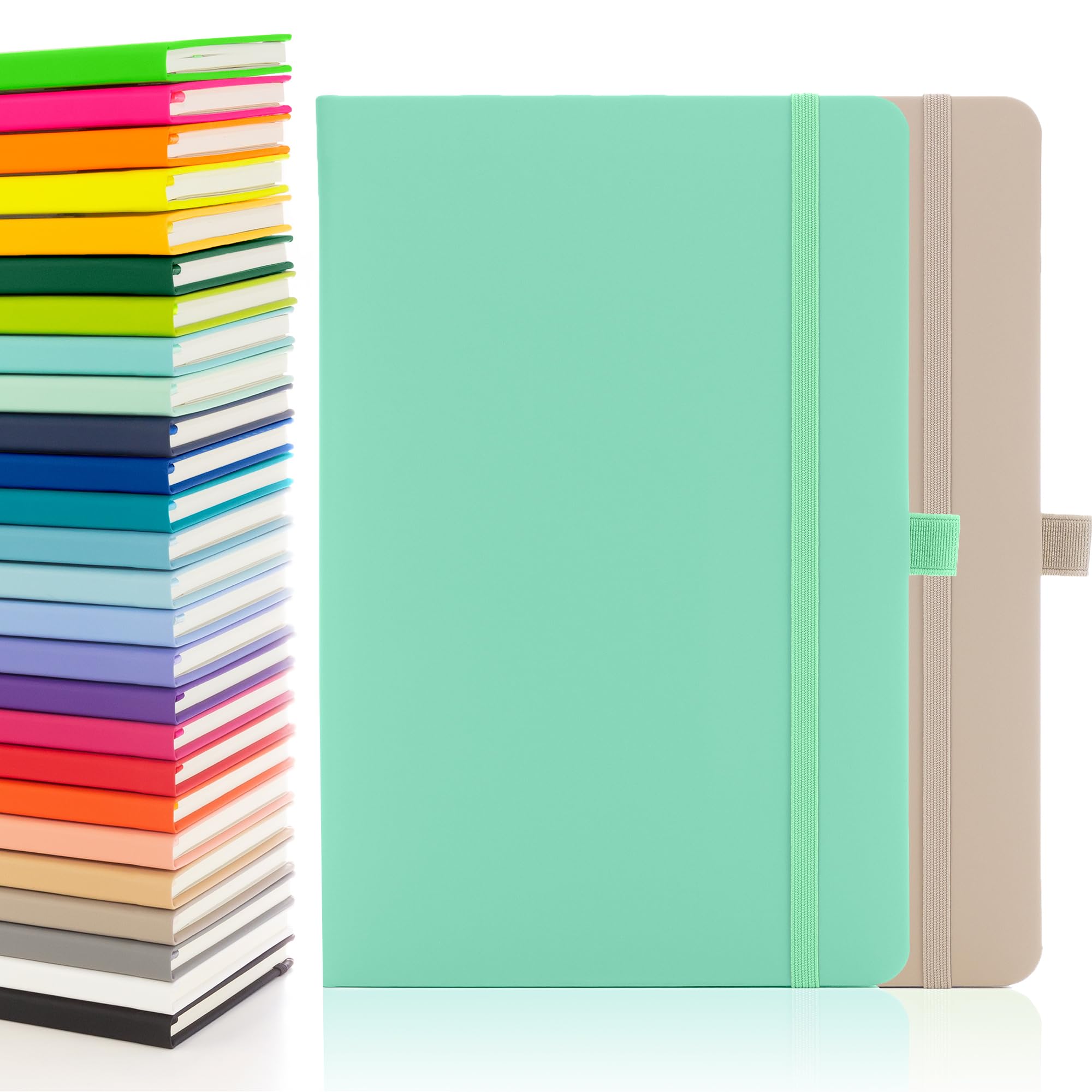 Notes London 2 x Eco A5 Notebook with Lined Pages, Pen Loop, Ribbon, Date Marks and Paper Pocket, Medium Hardback Journal, Note, sustainably sourced paper (Mushroom & Aqua Marine)
