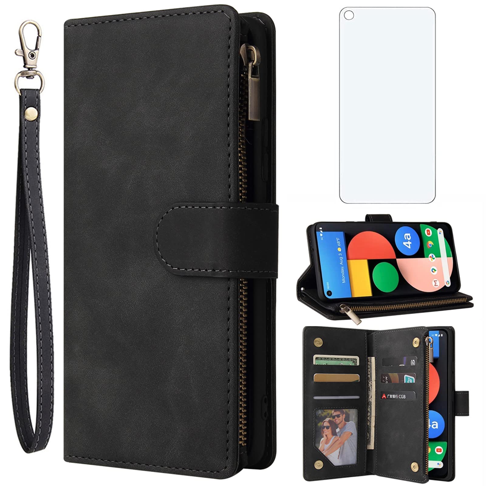 Asuwish Compatible with Google Pixel 4a 5G Wallet Case Tempered Glass Screen Protector and Leather Flip Cover Card Holder Stand Cell Accessories Phone Cases for Pixel4a Pixle a4 2020 Women Men Black