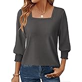 GKBK Womens 3/4 Sleeve Shirts Square Neck Dressy Casual Blouses Spring Summer Smocked Cuffs Tops