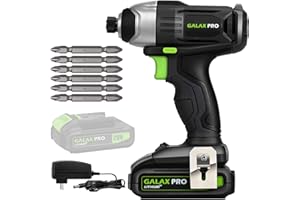 GALAX PRO Impact Driver 20 V Lithium Ion 1/4" Hex Cordless Driver with LED Work Light, 6 Pieces Screwdriver Bits, Variable Speed (0-2800 RPM)- 1.3 Ah Battery and Charger Included