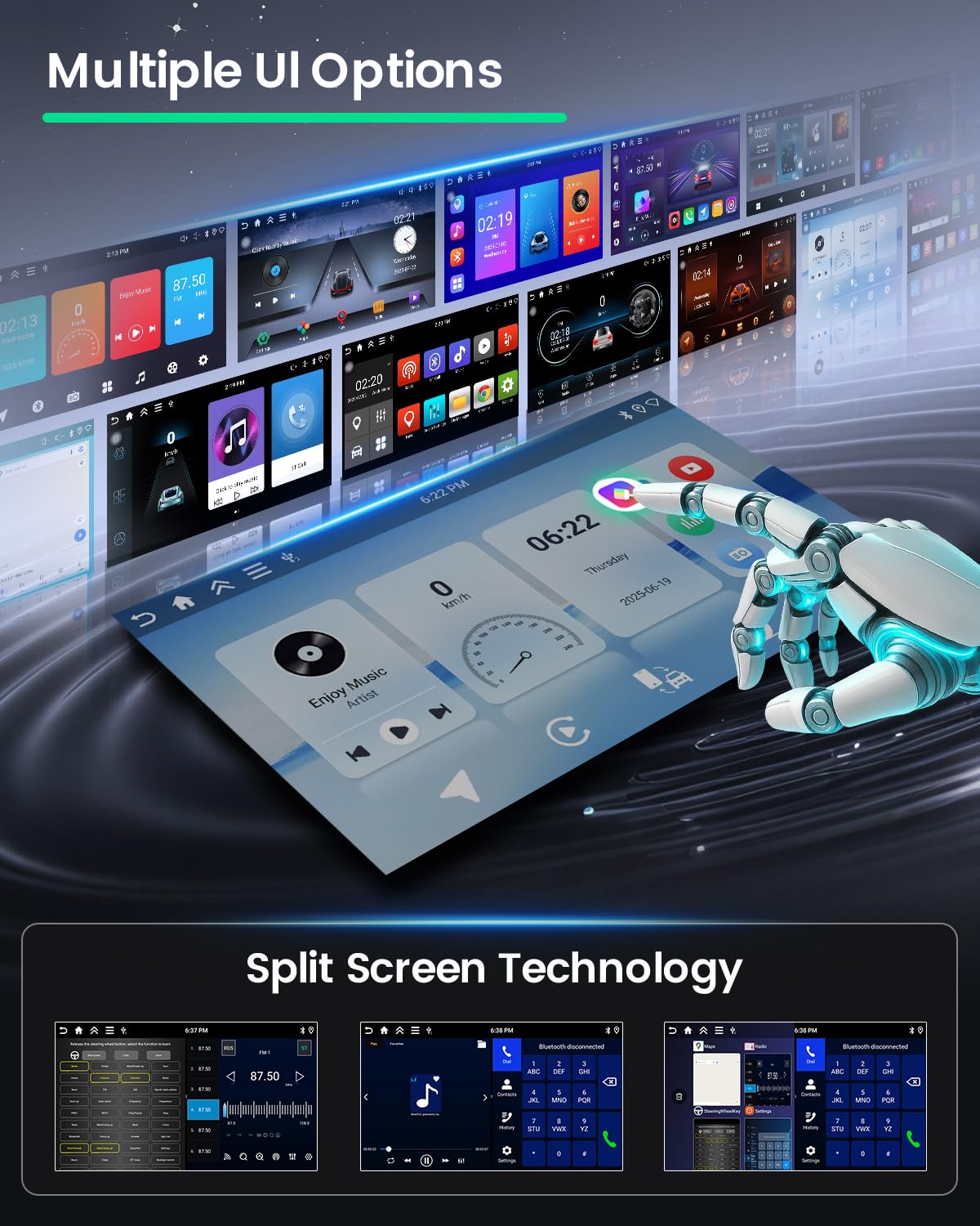Examples of multiple user interface options and split-screen functionality on the Roinvou car radio.