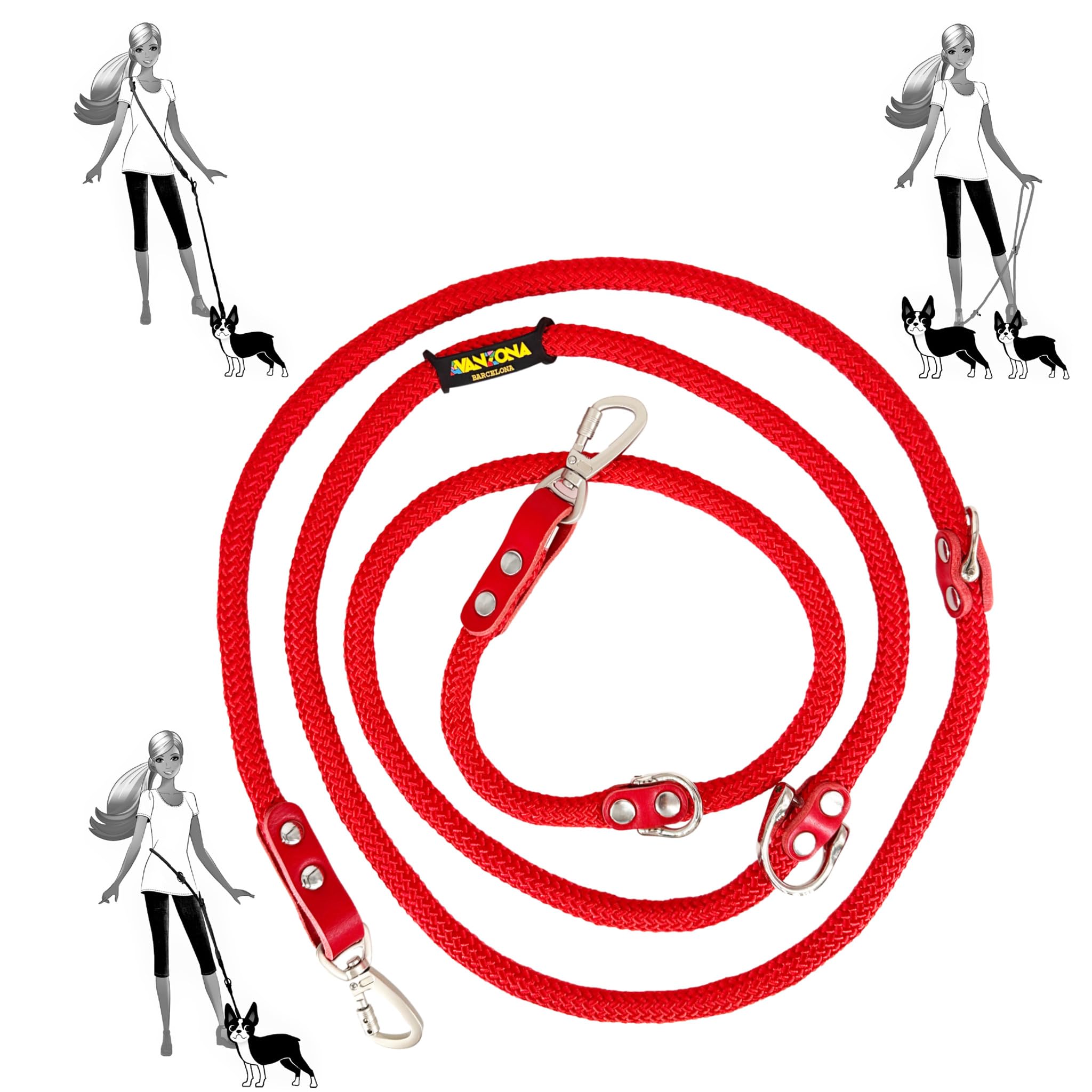 Hands Free Dog Lead. Double Ended, MultiFunction, Multiposition, for 2 Dogs, Small Medium Large. Rope and Leather, Made in Spain. Red & Red. — image 1