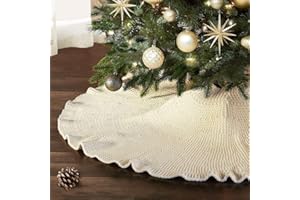 NIBESSER Knit Tree Skirt Ruffled Christmas Tree Skirt White 48 Inches Knitted Thick Rustic Xmas Holiday Decoration Large Xmas Tree Collar Mat Ivory White