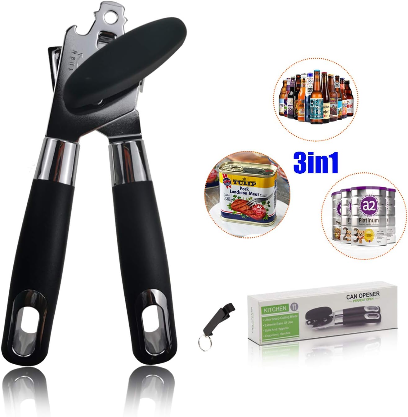Can Opener, 3-In-1 Manual Can Openers, Stainless Steel Smooth Edge Can Opener with Ultra Sharp Cutting, Ergonomic Designed Comfort Grips