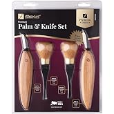 Flexcut Premium Series Wood Carving Tool Set, 4-Piece Beginner Palm &amp; Knife Set with Cutting and Detail Knives, Sweep and Parting Palm Tools, Ergonomic Cherry Wood Handles, USA Made