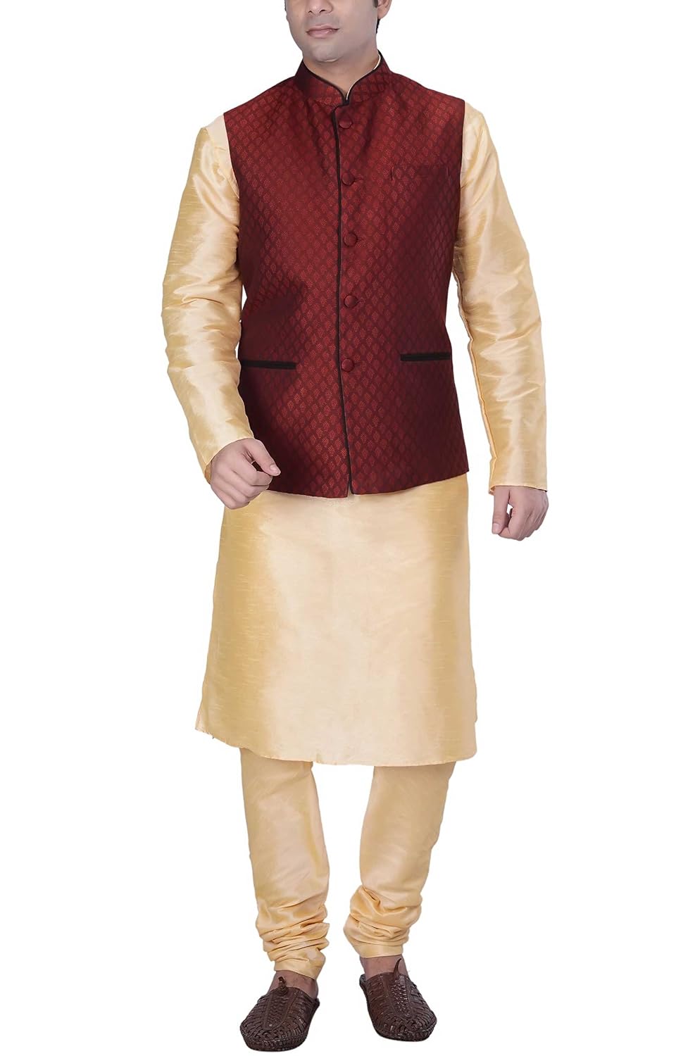kisah men's beige silk blend kurta and churidar with red cotton silk nehru jacket