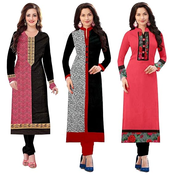Women's Pack of 3 A-Line Cotton Printed Semi-Stitched Kurti Material (10021517) Pink
