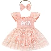 ODASDO Baby Girls First Birthday Outfit Sqaure Neck Ruffle Fly Sleeve Tulle Tutu Romper Dress with Bowknot Headband
