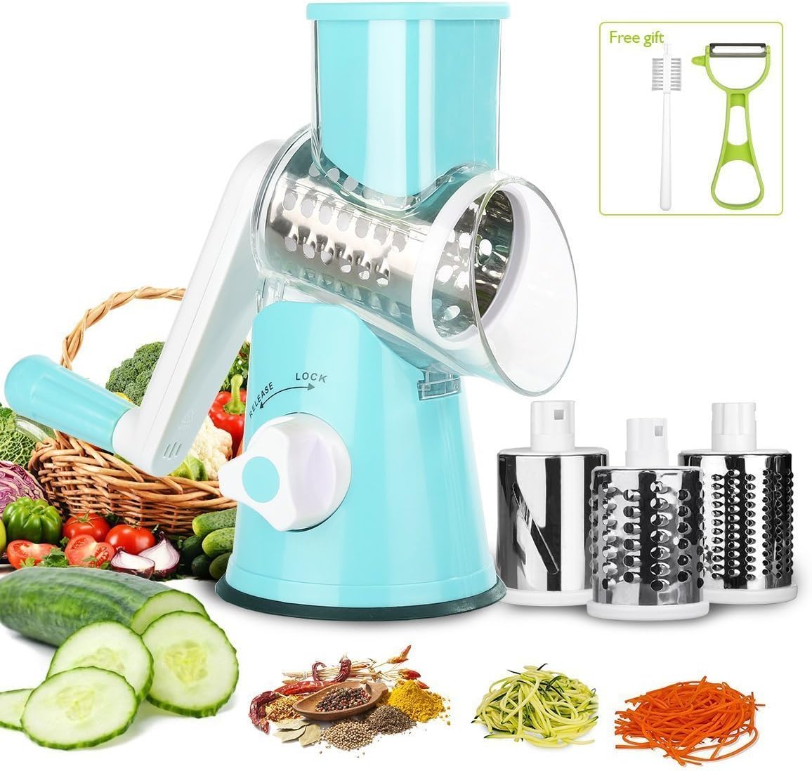 Vegetable Mandoline Chopper, QT Manual Hand Speedy 3 Blades Vegetable Slicer, Fruit Cutter, Speedy Rotary Drum Grater Slicer with Strong-Hold Suction Cup (bleu)