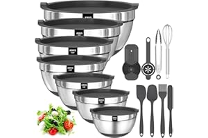 AIKKIL Mixing Bowls with Airtight Lids, 20 Piece Stainless Steel Metal Nesting Bowls, Non-Slip Silicone Bottom, Size 7, 3.5, 