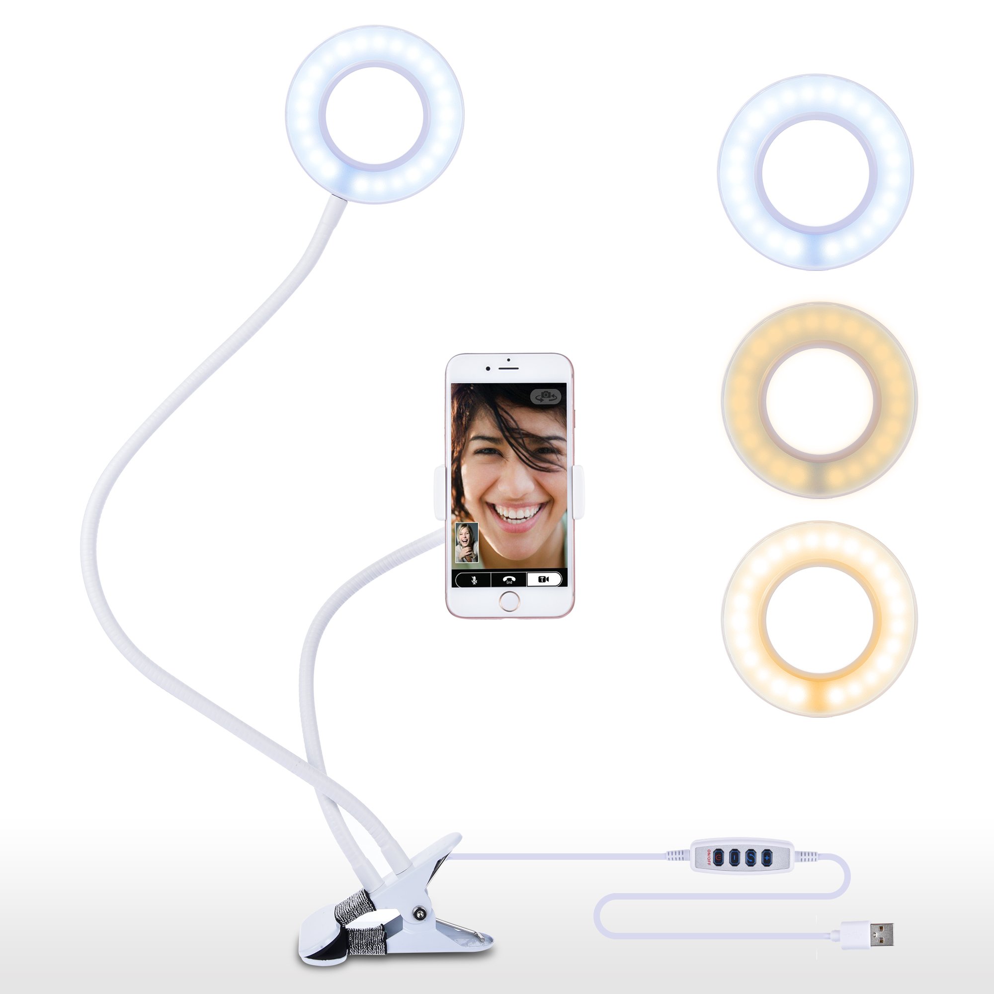 Selfie Ring Light with Cell Phone Holder Stand,OUNIER 48 LED Live Stream and Makeup [3-Light Mode] [10-Level Brightness] With 360 Rotating Long Arms for iPhone, Android Phone Desk Lamp [Energy Class A+] (White)