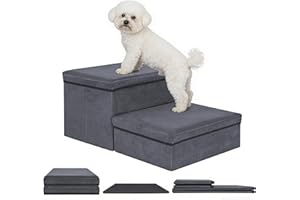 AKOZLIN Dog Stairs with Storage 2 Steps Foldable 2-in-1 Pet Stairs Extra Wide Pet Ramp Pet Ladder Pet Steps for Small to Larg