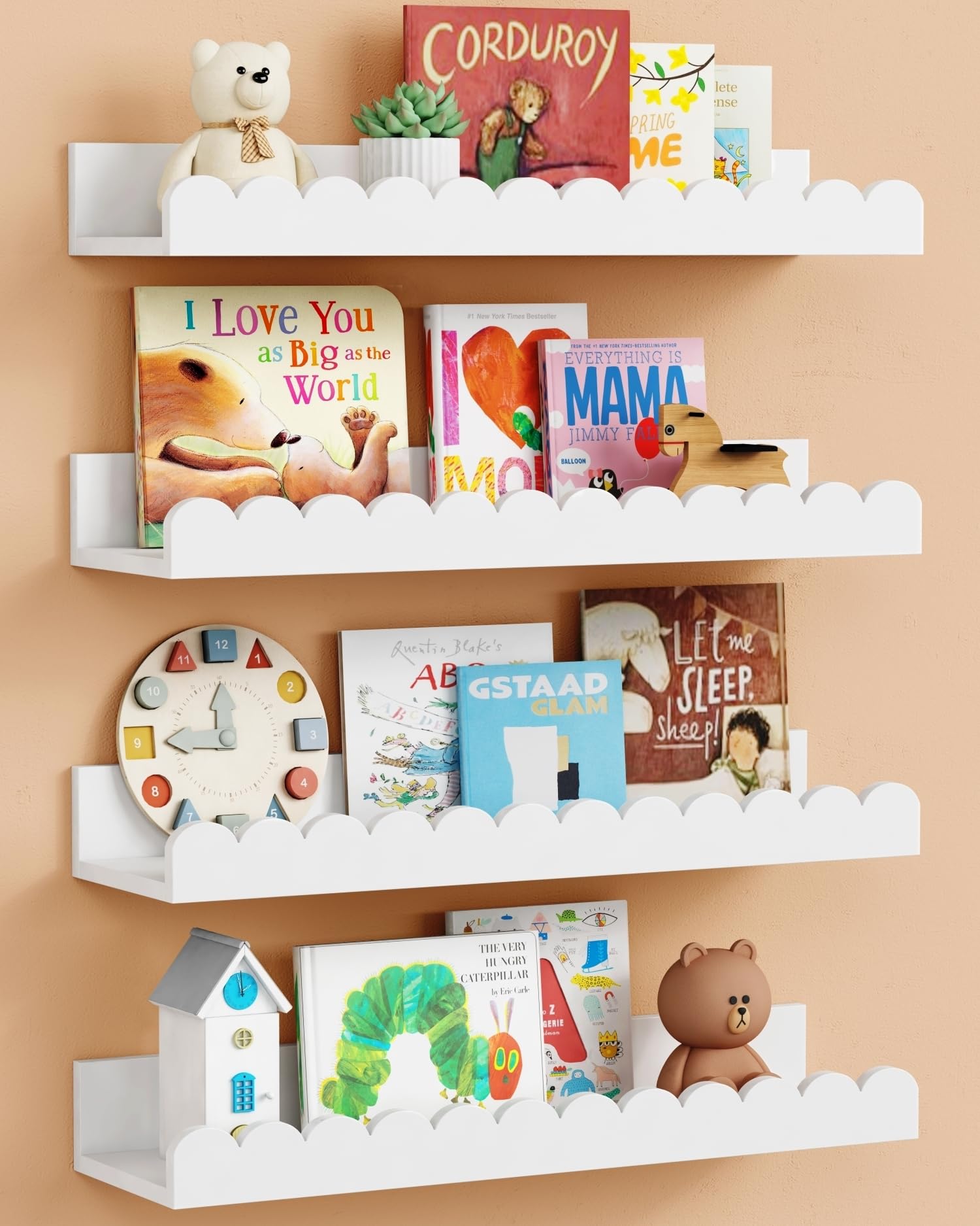 Harwaya Scalloped Nursery Floating Shelves for Wall Set of 4, White Kids Book Shelves Wall Mounted, Cloud Hanging Bookshelf for Baby Toddler Child Girls Boys Room Bathroom Bedroom Toys (Pine Wood)
