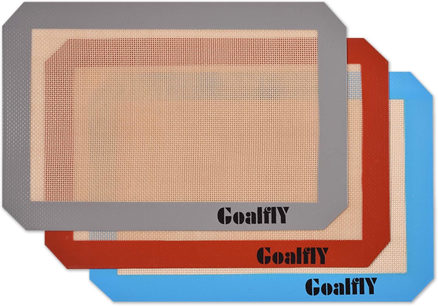 Goalfly Silicone Baking Mat Sheet (30 x 21.6 cm), 3 Pieces Non-Stick Baking Mat Set (Red, Blue, Grey), Heat-Resistant