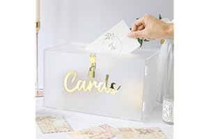 OurWarm Frosted Acrylic Wedding Card Box with Lock, Large Gift Card Box for Wedding Reception with Slot and String Light, Wed
